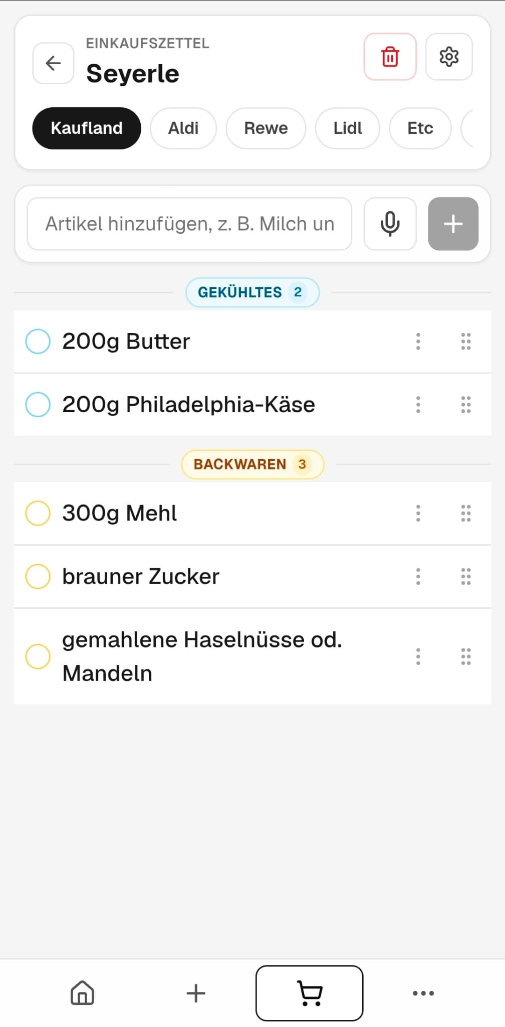 TopfPilot Einkaufszettel nach Kategorien sortiert